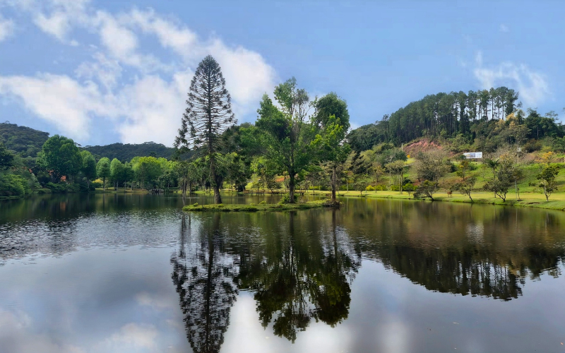Um belo lago com muito verde em todo entorno